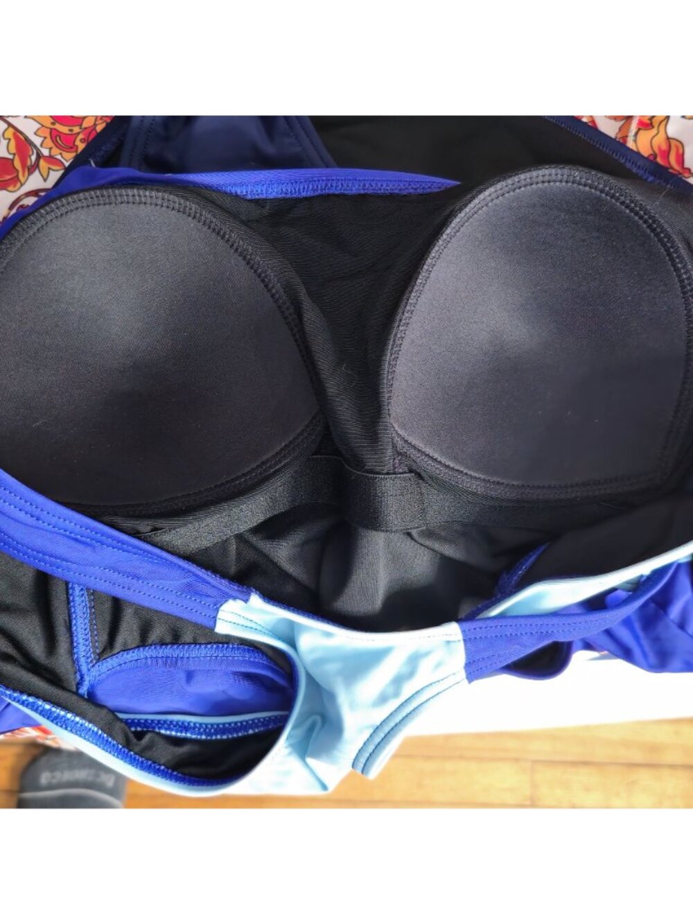 UPF 50+ One Piece Athletic Swimsuit L Colorblock Blue Black Racerback Lined - Picture 3 of 8